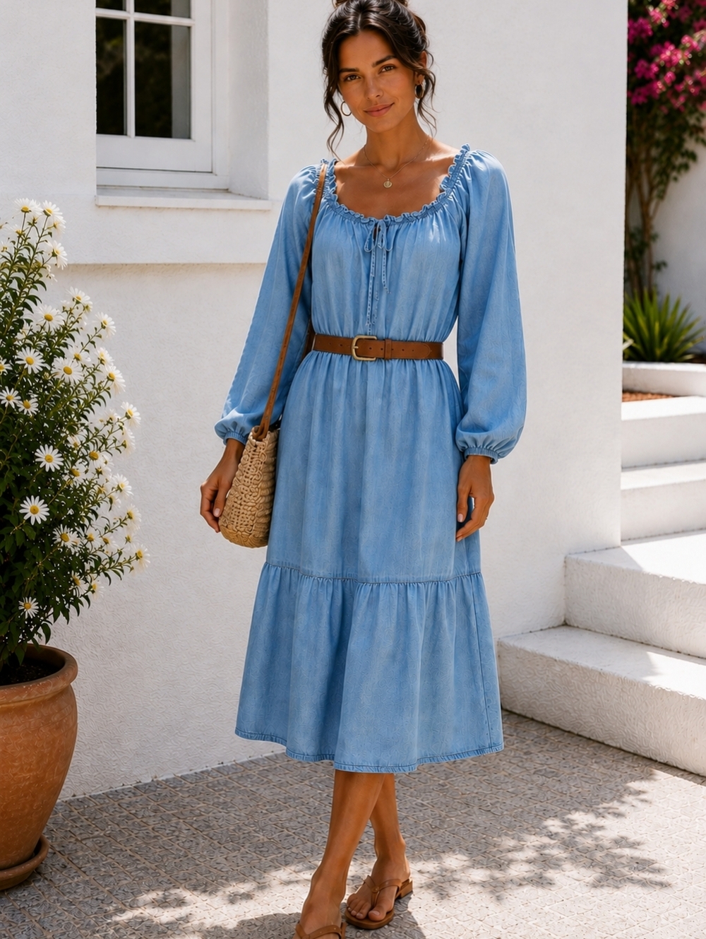 BeachLunchLounge Lyocell Chambray Peasant Midi Dress Blue L